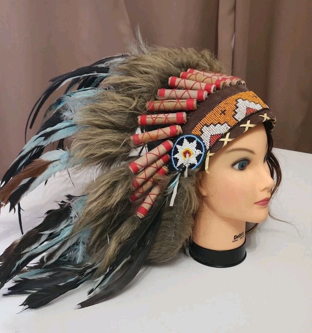 VNTG Native American Blue Feather Fur Headdress Costume Festival Headpiece Y2K